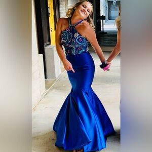 Mermaid Style Royal Blue Beaded Bodice Formal - Rachel Allen Designer